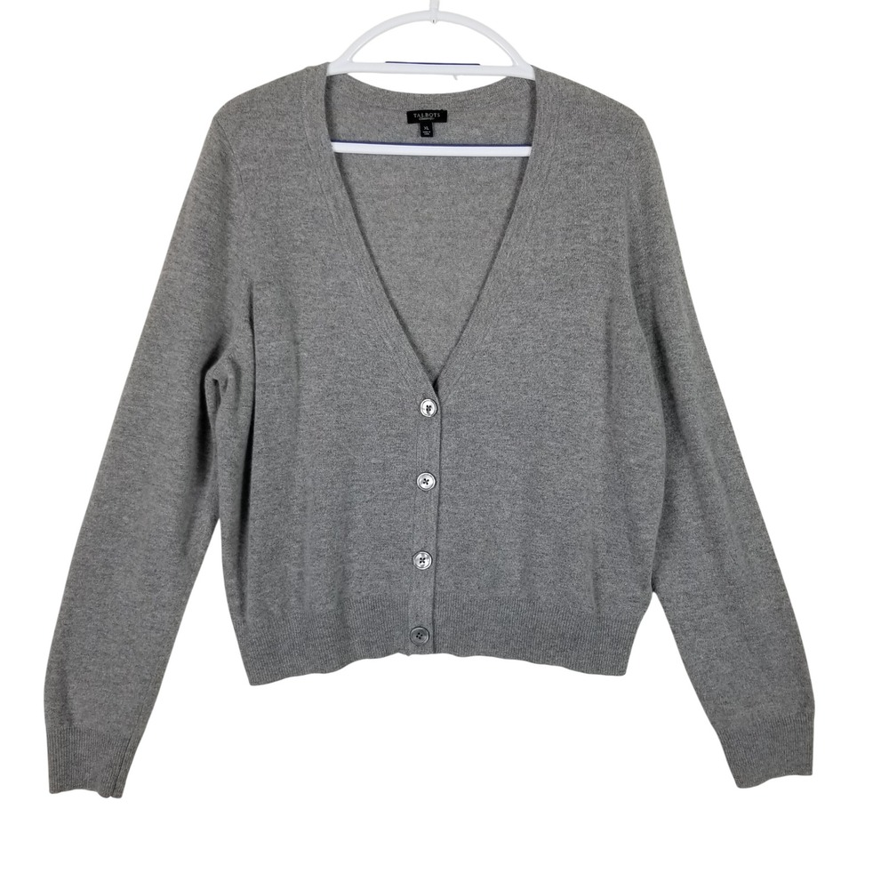 Talbots Cardigan Sweater Womens XL Gray Lambswool Angora Blend V-Neck Classic
